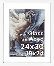 Frame Amo 24x30 White Solid Wood Poster Frame, White Mat for 18x24 Image, Tempered Glass Front, 1.5 