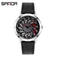 SANDA 1056 New Fashion Creative Skeleton Quartz Men's Watch Youth Leather Strap Car Roulette Waterpr