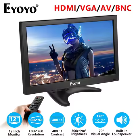 Eyoyo E12 Small Desktop Monitor 12" LCD CCTV Security Display 1366x768 Resolution With Dual Speakers