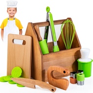 Kids Cooking & Baking Set with Storage Case, Montessori Kitchen Tools Set for Toddlers with Chef Hat