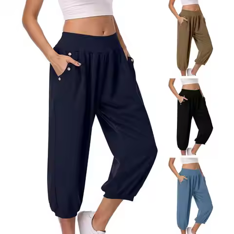Women Harem Pants Elastic High Waist Cropped Pants with Buttons Decor Pockets Solid Color Loose Fit 