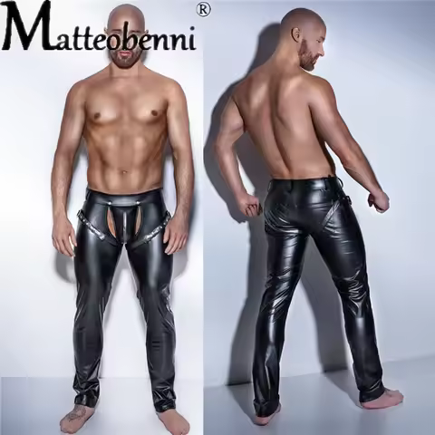 Erotic Men Faux PU Leather Pants Male Wetlook Latex Trousers Open Front Pole Dance Pants Gay Fetish 