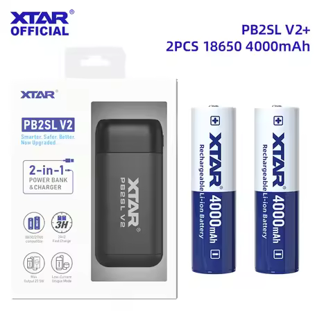 XTAR PB2SL V2 Battery Combo Set with optional 2PCS 3.6V 18650 4000mAh or 2PCS 3.6V 21700 5000mAh Li-