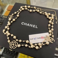 東區正精品㊣CHANEL 香奈兒金色山茶花雙C Logo 星星珍珠水鑽雙圈長項鍊 RZ6537