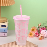 1Pc 710ML Kawaii Bow Reusable Party Cups With Straw Lid Coffee Juice Tea Cute Tumbler With Straw Pla