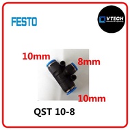 Festo Tube-to-Tube Pneumatic Tee Fitting Push in 8mm to Push In 10 mm, QSt Series, 14 bar QSt 10-8