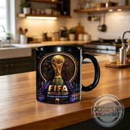 FOOTBALL World Mug Golden Trophy with "FOOTBALL WORLD CUP" Text & City Skyline - Global Football Eve