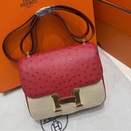 Hermes Mini Constance 康康19 鴕鳥皮 法拉利紅金扣