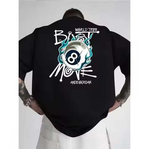 Lucky 8 Ball Graphic Tee Men's Cotton Crewneck T-Shirt Blue Fire Graffiti Hip Hop Streetwear Top