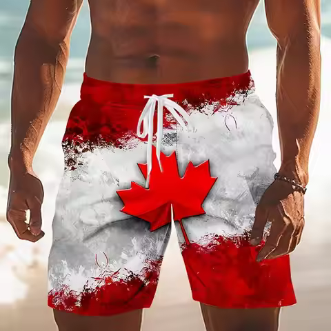 Shorts Canadian Flag Men's Canadian Flag Pattern Casual Shorts Mid Rise Drawstring Waistband Side Po