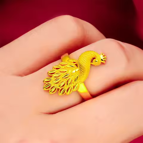 Women's Peacock Open Ring 24K Gold AU999 - Traditional craft, 3D peacock pattern, adjustable opening