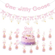 One Silly Goose 1st Birthday Party Decor Set Banner & Cupcake Toppers for Baby Girl First Birthday