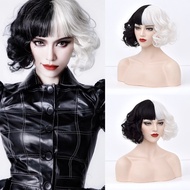 New CRUELLA De Vil Cosplay Wig White Black Synthetic Short Wavy Wigs With Bangs For Women Heat Resis