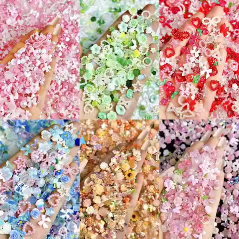 60PCS Colorful Camellia Rose Nail Art Charms 3D Minimalist Star Bow Cute Bear Mixed Resin Nail Decor