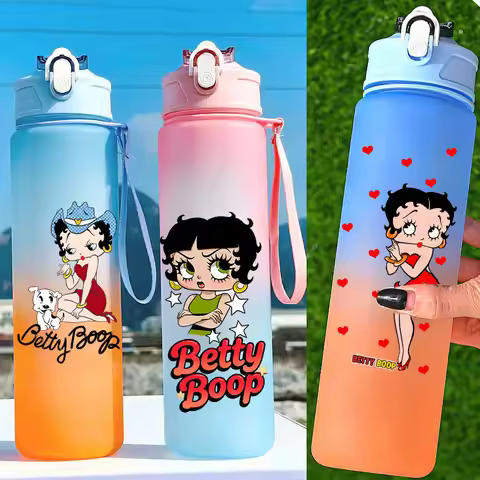For Betty Boop'S Straw Cup Drinking 750ML Large Capacity Portable Plastic Rope Bottle Student Cartoo