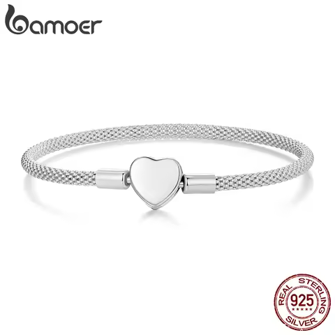 BAMOER Heart Basic Charm Bracelet 925 Sterling Silver Snake Chain Basic Bracelet For Women Heart Lov