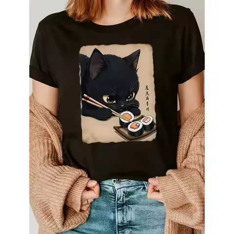 Cat and Sushi Graphic T-Shirt Women'S T-Shirt Casual Crew Neck with Short Sleeves with Cat and Sushi