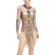 Shiny Gold Fringe Rhinestone Bodysuits for Women Party Club Latin Jazz Cha Cha Group Dance Drag Quee