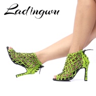 Ladingwu Latin Dance Shoes Fluorescent Green Snake Pattern Laser Dance Shoes Salsa Women Lace-up Dance Boots Ballroom Dance Shoe