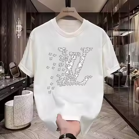 New 2026 Men's LV Style Airplane Print T-Shirt Contrast Short Sleeve Tee Breathable Cotton Streetwea