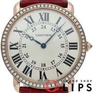 二手卡地亞 Ronde Louis Cartier LM 腕錶，36毫米錶徑，鑲鑽錶圈，型號 WR000651，18K 金/皮革錶帶，男士腕錶，銀色拋光，成色極佳。