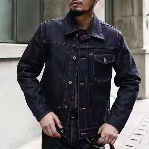 Saucezhan Men Denim Jacket Sanforized Indigo Selvedge Denim Motorcycle Work Jacket 18 Oz Regular Fit