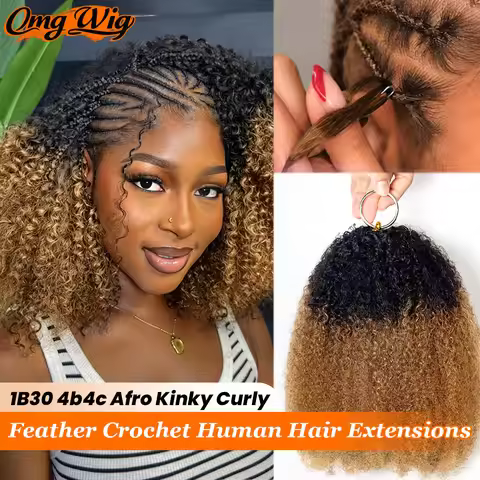 1B30 Color 4B4C Afro Kinky Curly Feather Crochet Hair Extension Brown Highlight Afro Curly 100% Huma