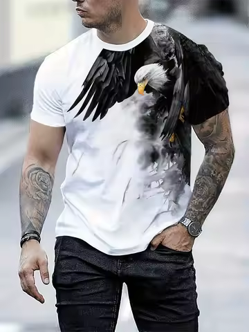 Men's Summer Fashion Number Eagle and Watercolor Marker Pattern Round Neck Short Sleeve T-Shirt Fash