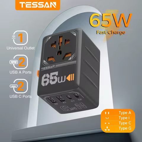 TESSAN 65W GaN International Plug Travel Adapter with USB Type C 140/100/35W Worldwide Universal Pow