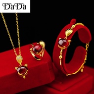 Pure 916 Gold Necklace Green Chalcedony Gemstone Necklace Set Micro-inlaid Ring Set Gemstone Earring