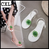 Brand Roman Bohemian Style Summer Beach Jelly Flat Sandals Toe Clip Beautiful Pearl Flowers Inlay Wh