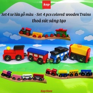 Set Of 4 Wooden Trains With Multiple Playable Patterns On Wooden Train Tracks (Not Including Tracks)