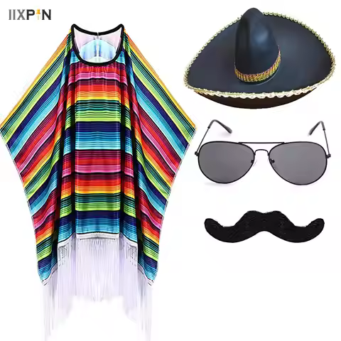 Kid Adult Mexican Costume Colorful Cloak Poncho Sombrero Hat Sunglasses Mustache Set for Mexican Fie