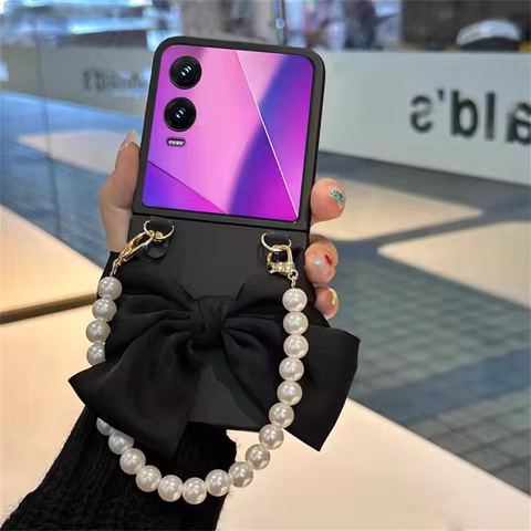 Korean Luxury Black Silk Bow Pearl Bracelet Phone Case for Infinix Zero Flip Tecno Phantom V Flip2 L
