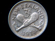 紐西蘭銀幣-1934年紐西蘭毛里族戰鎚3便士(Silver Pence)銀幣(英皇佐治五世像,好品)