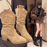 Giày Bốt cowboy nữ da lộn cổ V Martin cá tính - Boots cổ lửng phong cách cao bồi mùa Đông