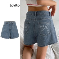Lovito Casual Denim Shorts Plain Bow Back Denim Short for Women L95ED367 Lovito Seluar Pendek Denim 
