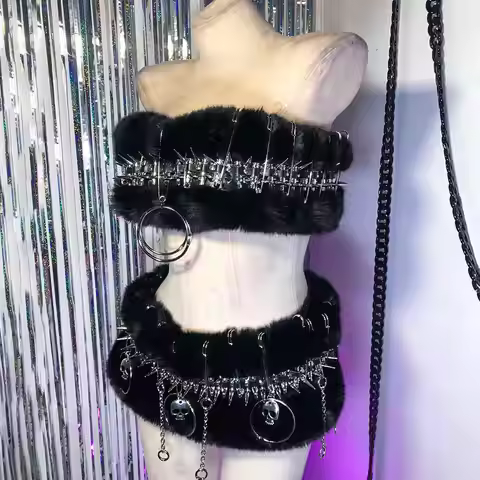 90s DIY Punk Rock Studded Grunge Gothic Y2K Faux Fu TOPS Teen Hand Made Emo Goth Fairy Harajuku E-Gi