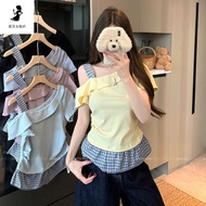 收腰 上衣女韓版 ins 潮 Off shoulder patchwork top for women's versatility 特大码300斤露肩设计感拼接短袖T恤女夏新款褶皱收腰斜肩上衣  Ex