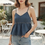 Lovito Women's Blue Denim Top, Casual Draped Design, Spring/Summer LNA103005