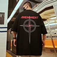 【M-8XL Retro Cross Print T-shirt for Men Trendy High Street Loose and Oversized Round Neck Short Sle