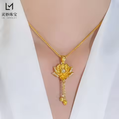 Gold Shop Same Style 9999 24K Real Gold Women's Gold Necklace Diamond Lotus Pendant Girlfriend Birth