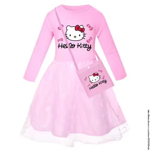 New Hello Kitty Kids Clothes Long Slevess Dresses Cotton Rainbow Full Dress Teen Cartoon Girl Clothi
