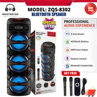 [Ready Stock] ZQS-8301/8302 Bluetooth Speaker Dual 8” Super Bass Portable Party DJ speaker RGB Light