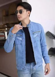 Jaket jeans pria SLETING sanghai kombinasi resleting pria / Jaket jeans denim kerah tinggi resleting pria / Jaket jeans sanghai pria