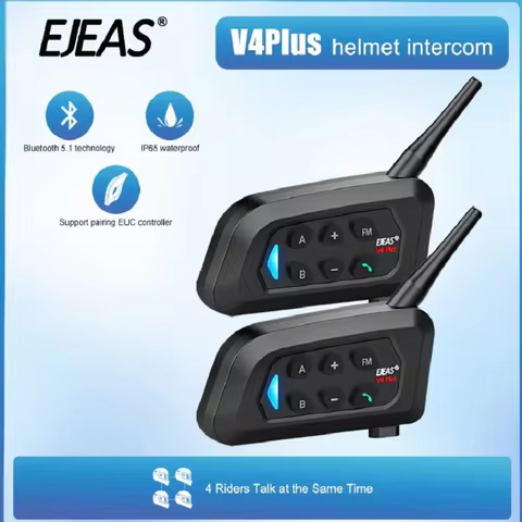 EJEAS Type-C V4 Plus Motorcycle Helmet Interphone Bluetooth 5.1 4-Way 1200M Intercom Headset FM Radi