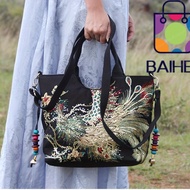 BAIHEE Shiny Embroidered Bag, Square Shape Canvas Retro Canvas Handbag, Shopping Bag