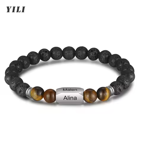 Personalized Stone Beads Bracelets for Men with Name Engraved Lava Beads Bracelet Tiger Eye Beads Cu