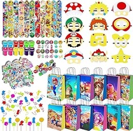 110Pcs Mario Party Favor , Mario Party Supplies All-in-One Pack Include Contains Gift bag, Stampers, Sticky Hands, Felt Mask, Slap Bracelet, Sticker, Best Mario Theme party for Boys and Girls