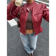 MERAH HanifoLeather.id Women's Leather Jacket HFO Maroon Red Slim Fit Leather Look Zipper Front Kore